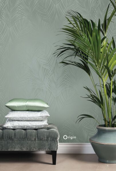 papel pintado hojas de palmera verde grisáceo