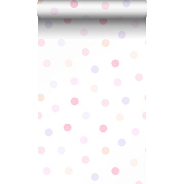 papel pintado puntos lunares polka dots rosa cipria pastel claro, morado lavanda lila pastel claro y naranja melocotón pastel claro