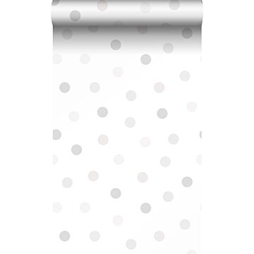 papel pintado puntos lunares polka dots beige crema claro, gris claro cálido y gris plata brillante