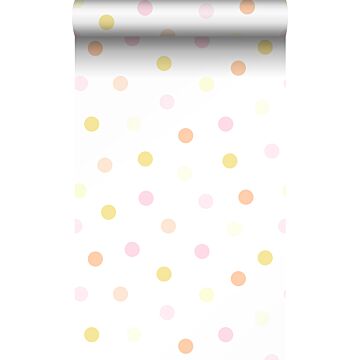 papel pintado puntos lunares polka dots amarillo pastel claro, naranja melocotón pastel claro, rosa cipria pastel claro y blanco mate