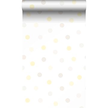 papel pintado puntos lunares polka dots amarillo pastel claro, gris claro cálido y beige crema claro
