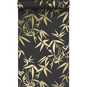 papel pintado hojas de bambú negro y oro