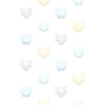 fotomural cabezas de animales origami verde menta pastel claro, azul celeste pastel claro, amarillo pastel claro, gris claro cálido y blanco mate